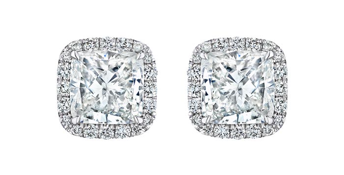 Cushion Cut Diamond Earrings with Halo, 3 CT Each