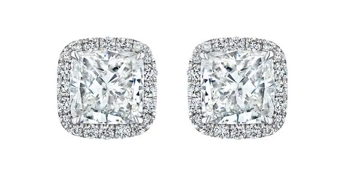 Cushion Cut Diamond Earrings with Halo, 3 CT Each
