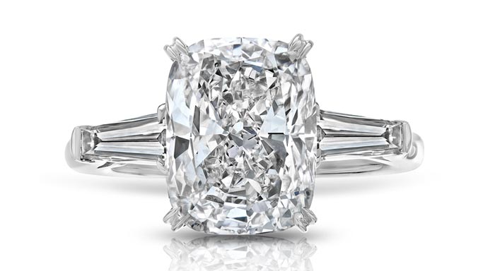  Cushion Cut Diamond Ring with Tapered Baguettes, 5 CT