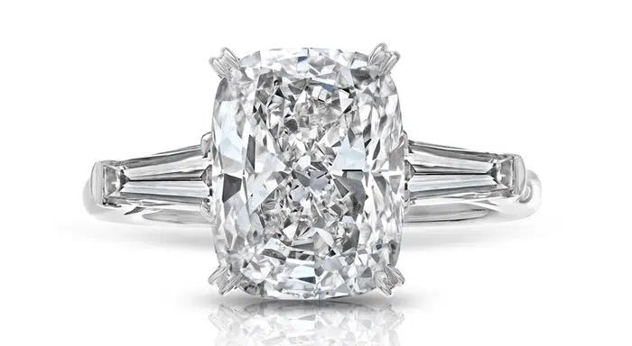 Cushion Cut Diamond Ring with Tapered Baguettes, 5 CT