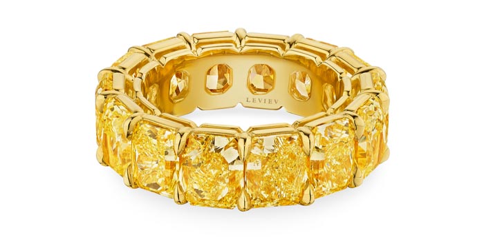 Fancy Yellow Cushion Cut Diamond Eternity Band, 18 CT
