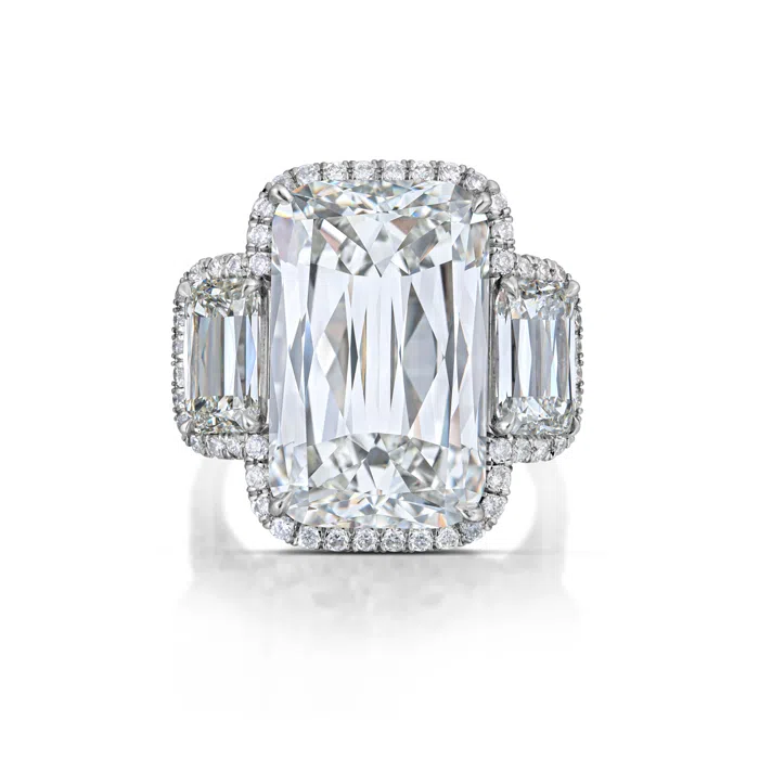Platinum Three-Stone Ashoka Cut Diamond Ring with Oval Brilliant Diamond