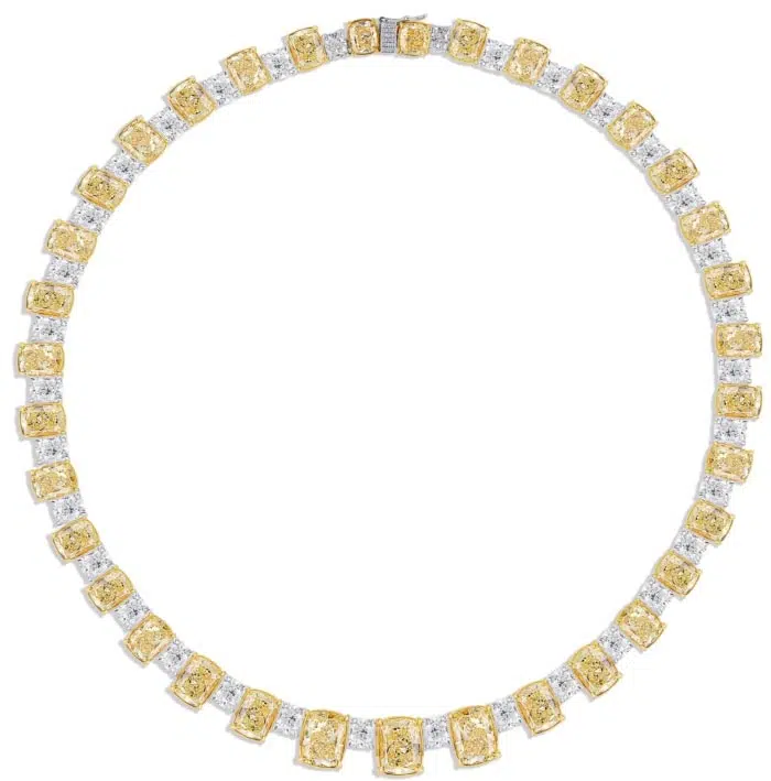'LEVIEV Capella' Yellow and White Cushion Cut Diamonds Graduating Necklace, 80 CT