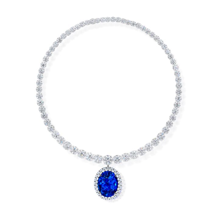 Blue Sapphire & Diamond Pendant and Diamond Riviera Necklace