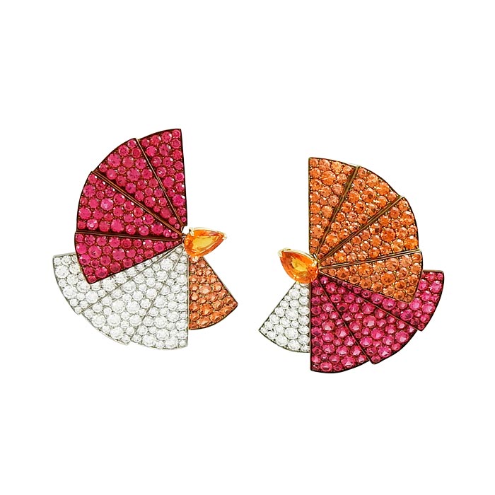 Orange Sapphire, Diamond, and Red Spinel Fan Earrings