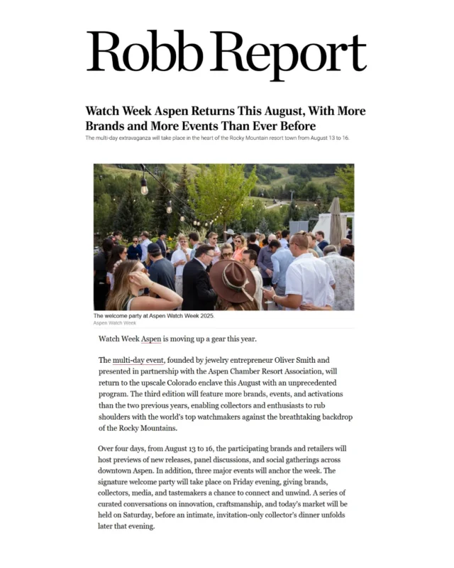 Grateful to our incredible media friends and community for helping us share the story of the 3rd Annual Watch Week Aspen, taking place August 13–16. Your continued support means everything.
For media interviews and inquiries, please DM us.

#watchesofinstagram #watches #watchweekaspen #watchgeek #aspen
