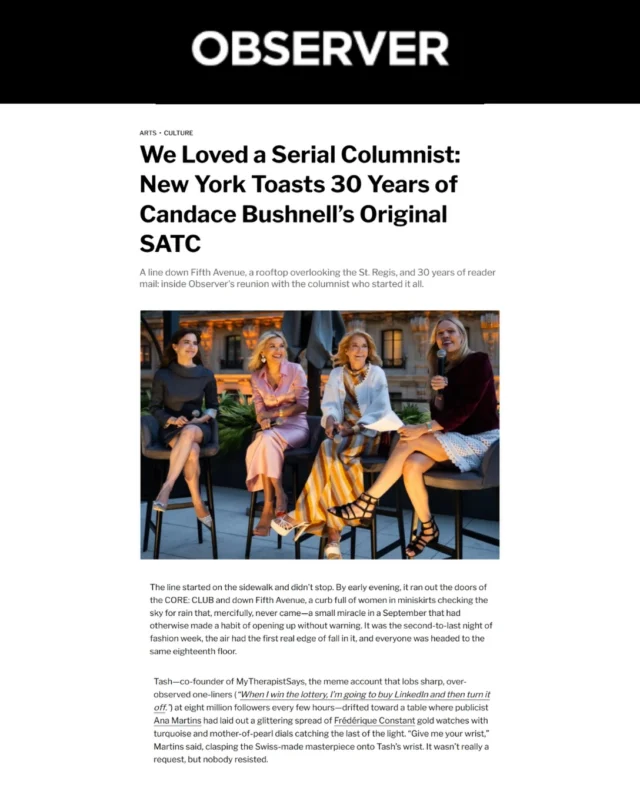 IN THE NEWS 🗞️ @observer 

Frederique Constant celebrates 30 years of Sex and the City with Candace Bushnell. ✨🗽

During New York Fashion Week, the Swiss watchmaker joined @Observer at CORE: Club for an intimate evening exploring love, dating, and the enduring influence of an unmistakably New York story.

Bushnell made a statement by stacking two gold-tone Classics Manchette watches in black onyx and turquoise. Fellow panelists Lola Tash, founder of @mytherapistsays, and Jasmine Lobe also wore the collection, while Merin Curotto and Katya Tolstova completed the evening’s watch lineup with Classics Moneta and Classics Carrée timepieces.

Timeless style. Iconic stories. A New York moment.

📸 @BFA @realslxofficial / @Observer

#FrederiqueConstant #ClassicsManchette #CandaceBushnell #SexAndTheCity #NYFW